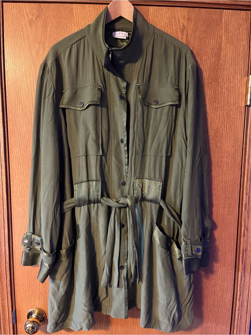 Women's Olive Utility Tie-Waist Jacket with Chest Pockets